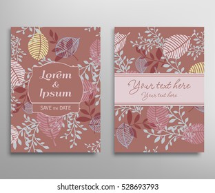 Invitation or Greeting Card template. Decorative graphic leaves. Hand drawn doodle floral patterns set. Wedding, marriage, save the date, baby shower, bridal, birthday, Valentine's day.