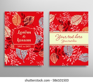 Invitation or Greeting Card template. Decorative graphic flowers and leaves. Hand drawn doodle floral patterns set. Wedding, marriage, save the date, baby shower, bridal, birthday, Valentine's day.