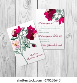Invitation or Greeting Card template. Decorative graphic flowers and leaves. Hand drawn doodle floral patterns set. Wedding, marriage, save the date, baby shower, bridal, birthday, Valentine's day.