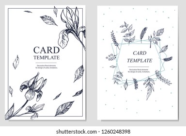 Invitation or greeting card template design with floral hand drawn elements on light background. Vector