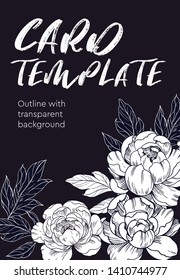 Invitation or greeting card template design with peony outlines. Hand drawn elements converted to vector