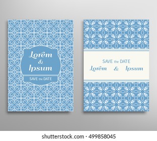 Invitation or Greeting Card template with geometric lace pattern. Decorative graphic line backgrounds set. Wedding, marriage, save the date, baby shower, bridal, birthday, Valentine's day.