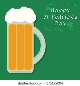 Invitation or greeting card template with glass of beer in flat style and text box on green background. St. Patrick's Day background. Eps 10.