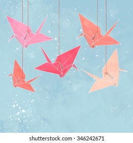 Invitation or greeting card template with origami birds. Vector illustration.