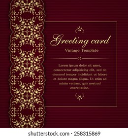 Invitation or greeting card template with vintage floral ornamental decor in yellow and burgundy colors