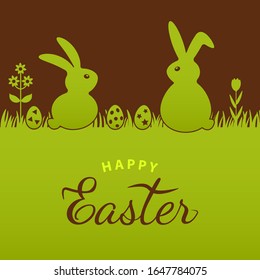 Invitation or greeting card with text Happy Easter. two rabbits are sitting in the green grass with Easter eggs. flat vector illustration in vintage silhouette style