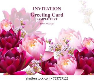 Invitation or Greeting card with water lily flowers Vector background illustration