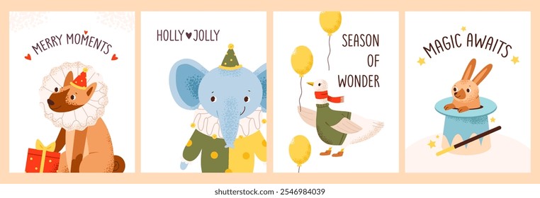 Invitation and greeting cards with cute Christmas animals in holiday hats, costumes and with balloons. Baby shower with bunny, deer, penguin, elephant and dog. Flat illustration set.