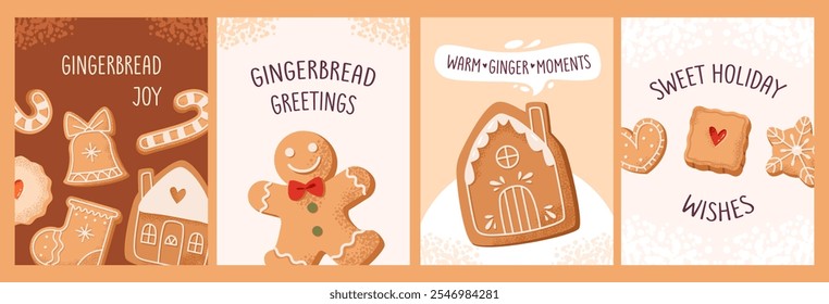 Invitation and greeting cards with gingerbread cookie decorated with icing. Festive and sweet treat for Christmas and winter. Cozy tradition of homemade baking.