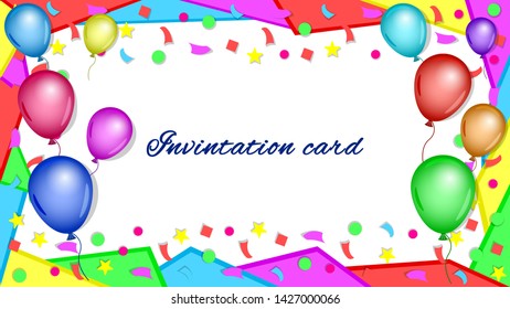 Invitation, greeting, congratulatory card, poster. Colorful balloons, confetti and a frame of geometric shapes on white background. Bright, festive, horizontal vector, illustration.