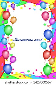 Invitation, greeting, congratulatory card, poster. Colorful balloons, confetti and a frame of geometric shapes on white background. Bright, festive, vertical vector, illustration.