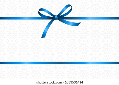 Invitation, Greeting or Gift Card With Blie Ribbon And A Bow  onWhite Decorative Elements  background.  Gift Voucher Template with  place for text.