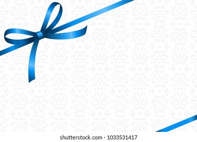 Invitation, Greeting or Gift Card With Blie Ribbon And A Bow  onWhite Decorative Elements  background.  Gift Voucher Template with  place for text.