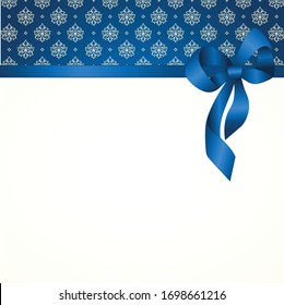 Invitation, Greeting or Gift Card With Blue Ribbon And A Bow  on Decorative Elements  background.  Gift Voucher Template with  place for text.