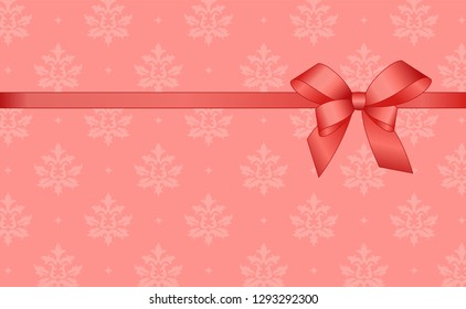Invitation, Greeting or Gift Card With Living Coral Ribbon And A Bow.  Gift Voucher Template with  place for text. Vector image.