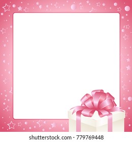 Invitation, Greeting or Gift card. Pink frame  with gift box with pink bow.  Template with  place for text.