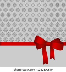 Invitation, Greeting or Gift Card With Red Ribbon And A Bow  on grey background.  Gift Voucher Template with  place for text.