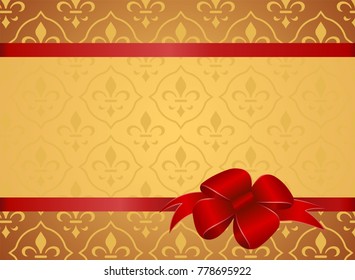 Invitation, Greeting or Gift Card With Red Ribbon And A Bow  on golden background.  Gift Voucher Template with  place for text.