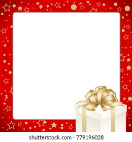 Invitation, Greeting or Gift card. Red frame  with gift boxes with golden bow.  Template with  place for text.