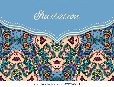 Invitation, greeting or wedding card design in a folk style with tribal ethnic ornamental pattern and place for the text. Vector floral and geometric background, islamic arabic indian motif