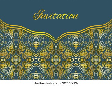 Invitation, greeting or wedding card design in a folk style with tribal ethnic ornamental pattern and place for the text. Vector floral and geometric background, islamic arabic indian motif