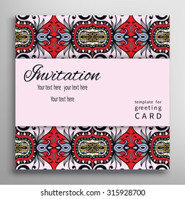 Invitation, greeting or wedding card design in vintage style with tribal ethnic ornamental frame borders pattern and place for the text. Vector floral and geometric background, arabic indian motif
