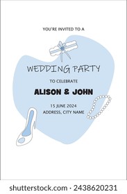 Invitation for guests, for a wedding evening, on the card are the bride's shoes, a string of pearls and a garter.