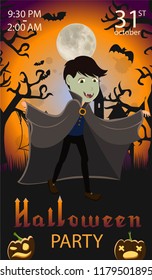 
Invitation to Halloween. Designed poster with a boy in a vampire costume against the backdrop of a castle, graves, sinister trees and bats. Bright moon