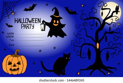Invitation to halloween in doodle. Objects on color background with pumpkin, evil bats, ghost, spiders, cobweb, scary tree with a hanged man.