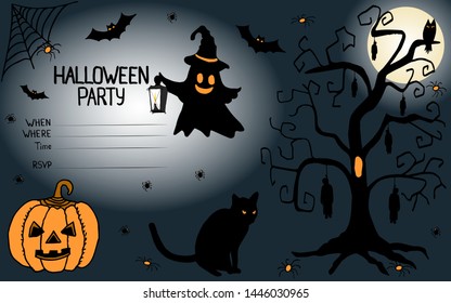 Invitation to halloween in doodle Objects color background and pumpkin evil bats ghost spiders cobweb scary tree and hanged man Can be used for invitations background cards typography posters
