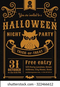 Invitation to Halloween night party. Elegant vintage card with gloomy owl. Vector template in black and gold colors.