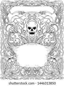 Invitation to Halloween night party. Vintage card with creepy skull, ribbons and gothic ornament. Black and white elegant cover background  pattern. Vector illustration