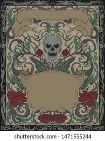 Invitation to Halloween night party. Vintage card with creepy skull, ribbons and gothic ornament. Elegant cover background pattern in retro style. Vector illustration