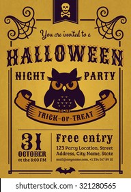 Invitation to Halloween night party. Vintage card with gloomy owl on gold background. Vector template.