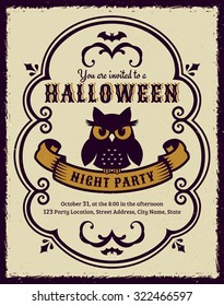 Invitation to Halloween night party. Vintage card with gloomy owl. Vector template.