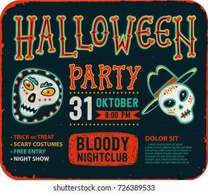 Invitation to Halloween night party. Vintage card with skulls. Vector template. Halloween party invitation card. Flyer 