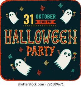 Invitation to Halloween night party. Vintage card with ghosts with cocktails. Vector template. Halloween party invitation card. 