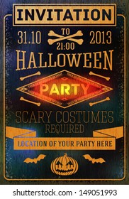 Invitation to halloween party with bats, bones and pumpkins. With place for your text of party location. Vector