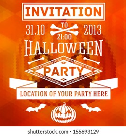 Invitation to halloween party with bats, bones and pumpkins. With place for your text of party location. On the hexagonal and triangle background with halloween pumpkin. Vector 