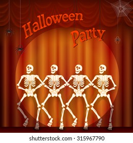  Invitation to Halloween party with dancing skeletons. Vector illustration.
