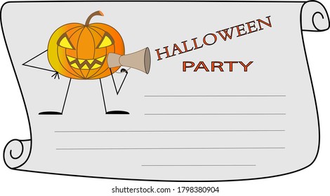 Invitation to a Halloween party on a scroll of paper with a picture of a pumpkin and a free space for writing.