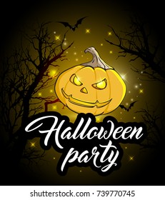 Invitation to a Halloween party. Orange pumpkin and silhouettes of tree on a black background.