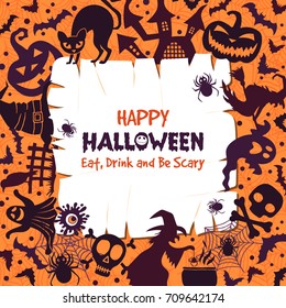 Invitation for halloween party. Scary background with different symbols of halloweens celebration. Vector monochrome pictures