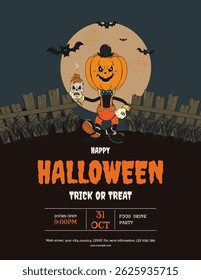 An invitation to a Halloween party. Vector illustration with Jack the lantern, full moon, bats, candle, skull.