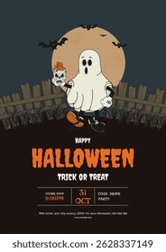 An invitation to a Halloween party. Vector illustration depicting Ghosts, Spooky, full moon, bats, candles, skulls. Vertical format, copy space.