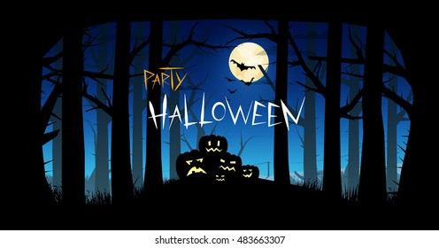 Invitation for Halloween. Silhouettes of pumpkins against the background of a gloomy forest.