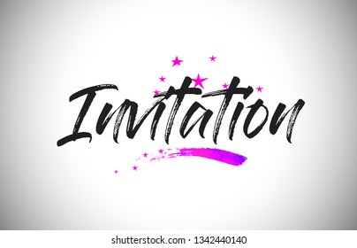Invitation Handwritten Word Font with Vibrant Violet Purple Stars and Confetti Illustration.