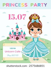 Invitation for Happy Birthday party. Cute princess stands in front of a fairytale castle. Template, Poster, Banner, Flyer, Greeting Card. Vector illustration in flat cartoon style.