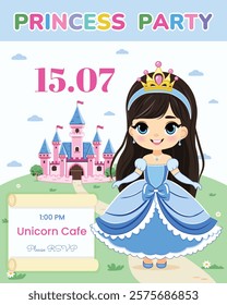 Invitation for Happy Birthday party. Cute princess stands in front of a fairytale castle. Template, Poster, Banner, Flyer, Greeting Card. Vector illustration in flat cartoon style.