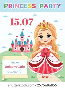 Invitation for Happy Birthday party. Cute princess stands in front of a fairytale castle. Template, Poster, Banner, Flyer, Greeting Card. Vector illustration in flat cartoon style.